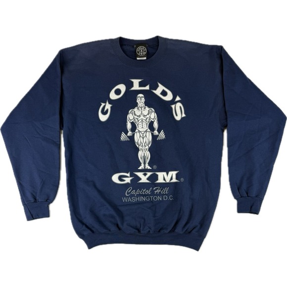Vtg Gold's Gym Sweatshirt Blue Puff Ink Bodybuilder Capitol Hill Washington DC - Picture 1 of 16